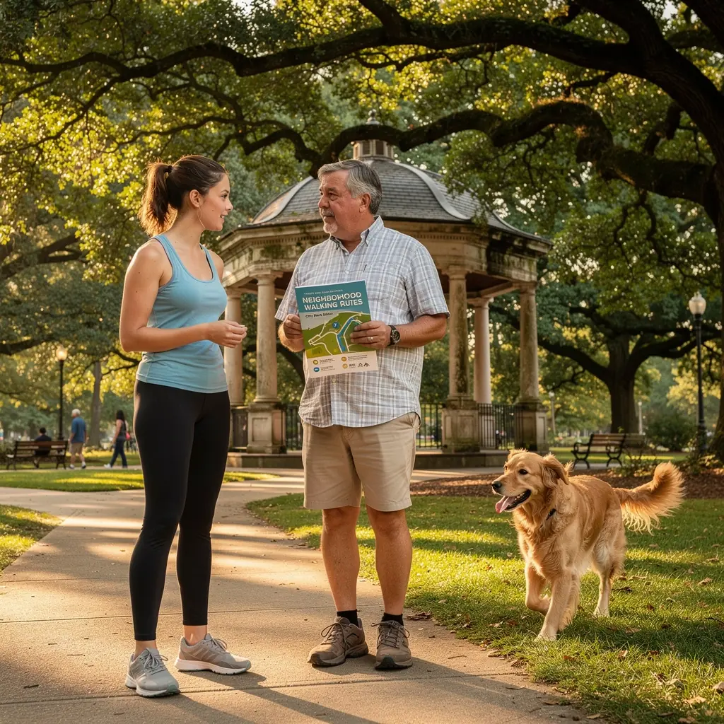 Grupa turystów spacerujących po malowniczej dzielnicy z przystankami na relaks.