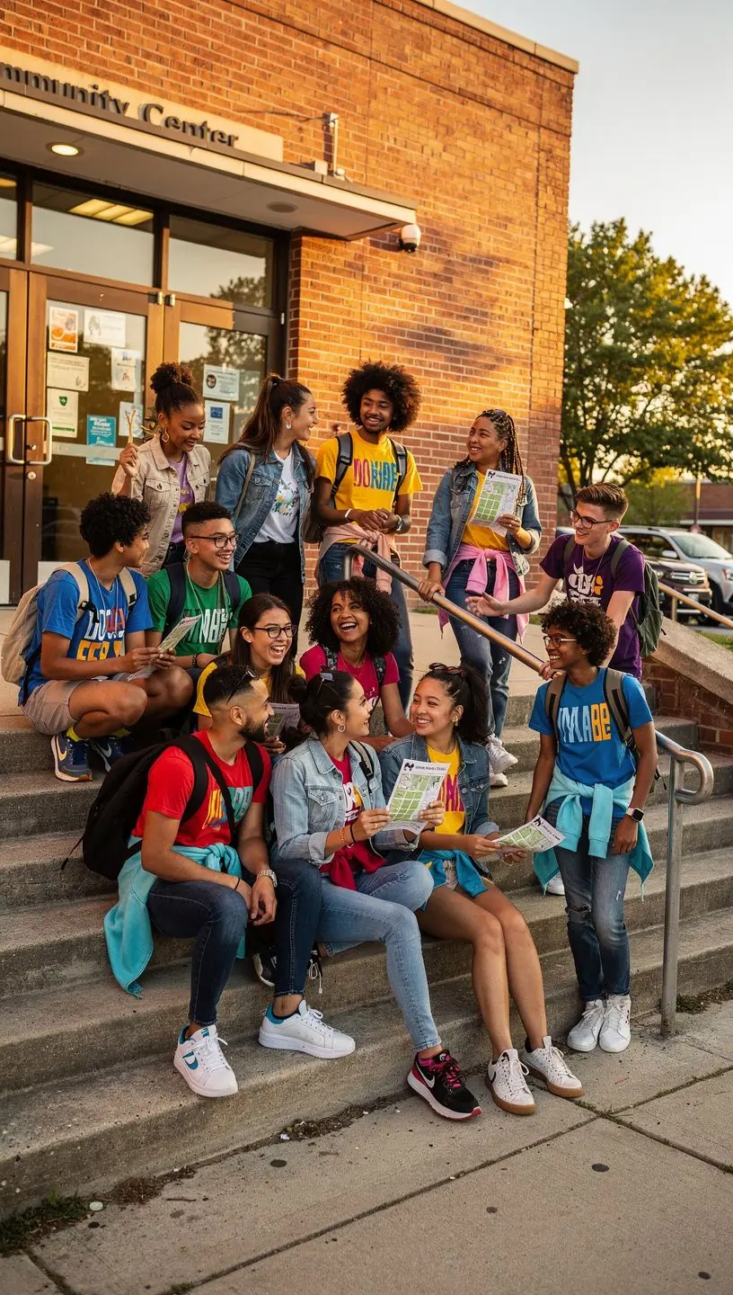 Grupa ludzi korzystających z mapy podczas planowania trasy spacerowej w mieście.