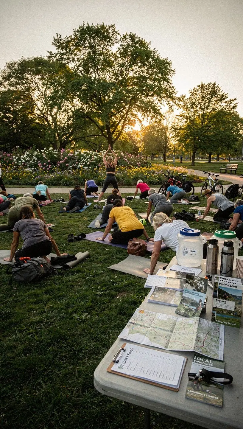 Rodzina spacerująca w parku miejskim, ciesząca się chwilą relaksu na ławce.