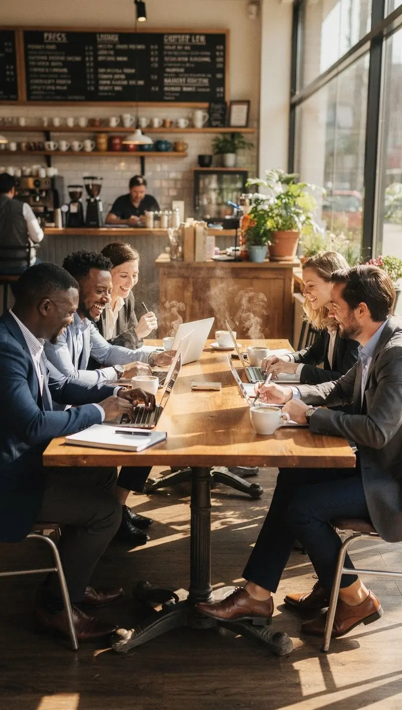 Widok na malowniczą ulicę z kawiarniami i ławkami, idealnymi na przerwę wędrówki.