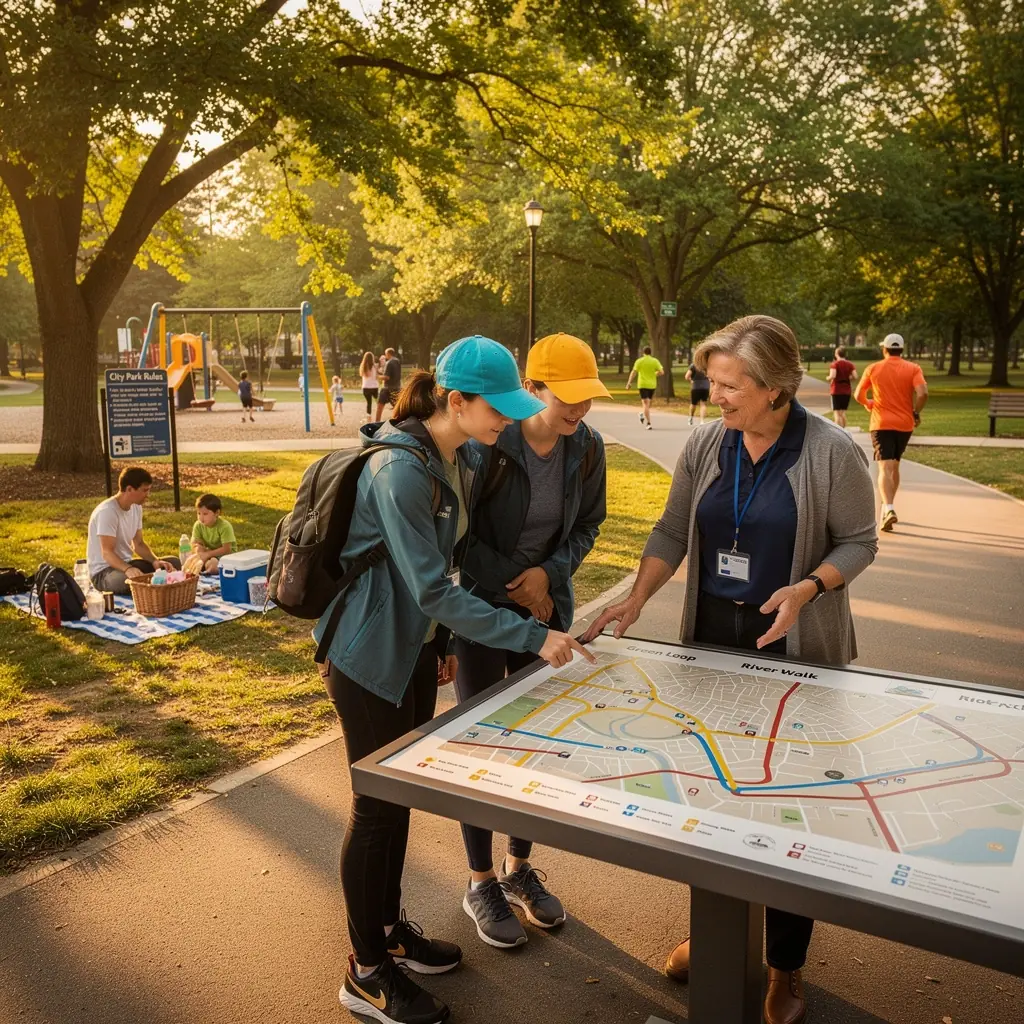 Widok na malowniczą ulicę z oznaczeniami tras spacerowych i punktami odpoczynku.