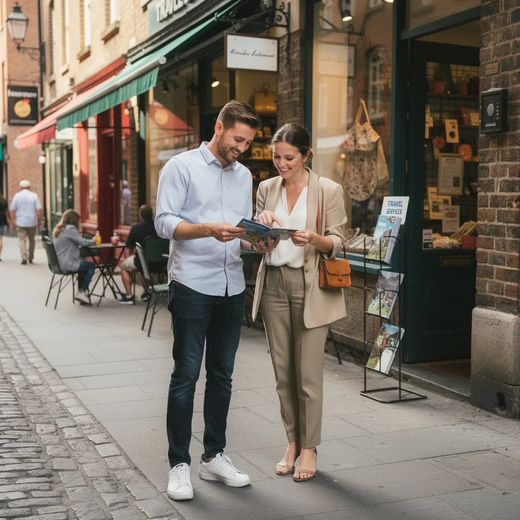 Znak informacyjny wskazujący kierunek na popularne atrakcje turystyczne w mieście.